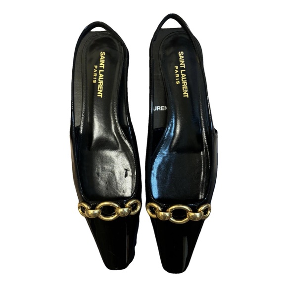 Saint Laurent Black Patent Leather Slingbacks with Gold Chain